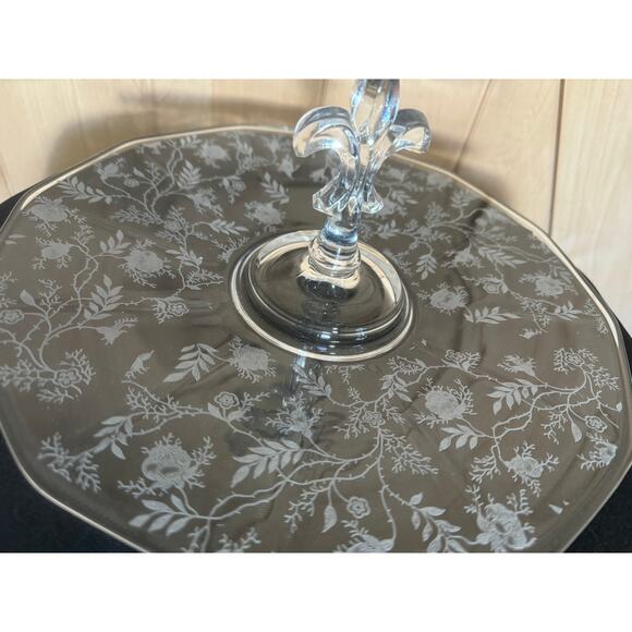 Vintage Fostoria Floral Chintz Crystal Fleur de Lis Center Handle Tray 11.5" - Picture 5 of 8
